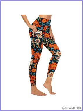 High Waisted Tummy Control Leggings with Pockets Floral Stretch Activewear Yoga